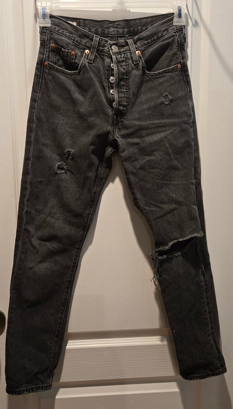 Levis 501 Skinny Jean Black Button Fly distressed Big E 24x28 women
